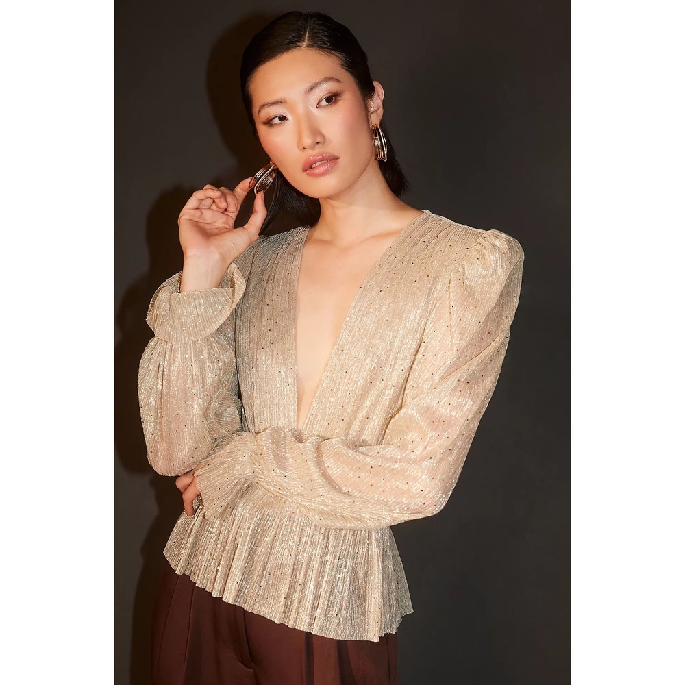 Sabina Musayev Liya Blouse Gold Metallic Pleated Peplum Top Size Large - Picture 2 of 10